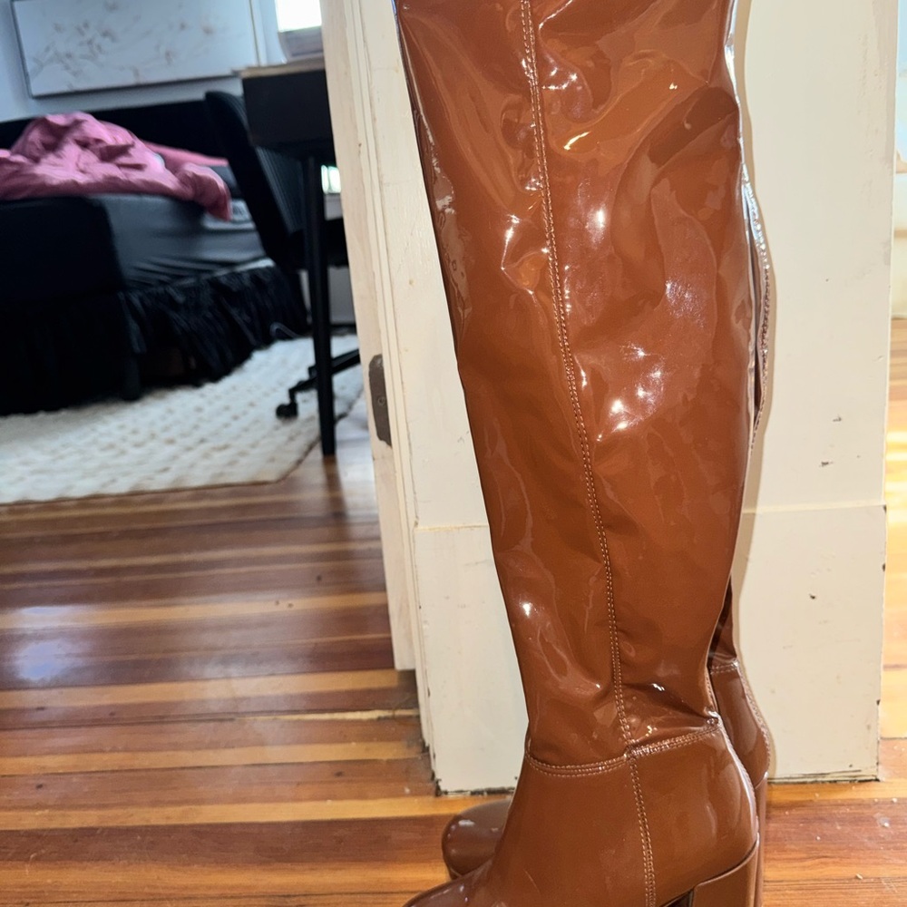 Steve Madden Glossy Tall Over-the-Knee Boots in Cognac Brown